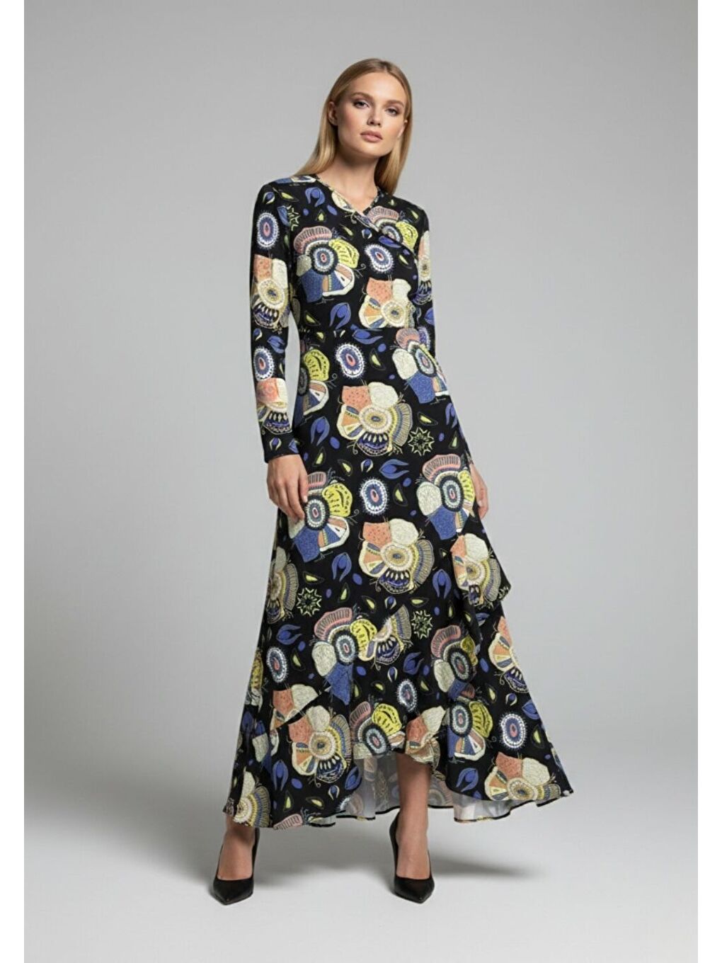 Karışık Özel Desenli Kesikli Renkli Elbise