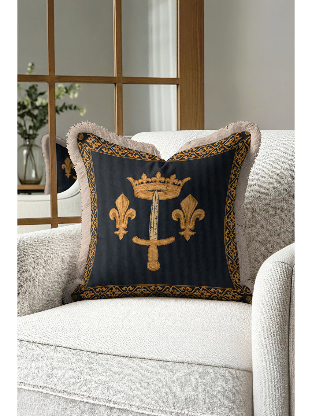 Karışık Saray İhtişamı Saçaklı Yastık Kılıfı - Klas Lüks Temalı Lacivert Altın Renk Püsküllü Kırlent Kılıfı