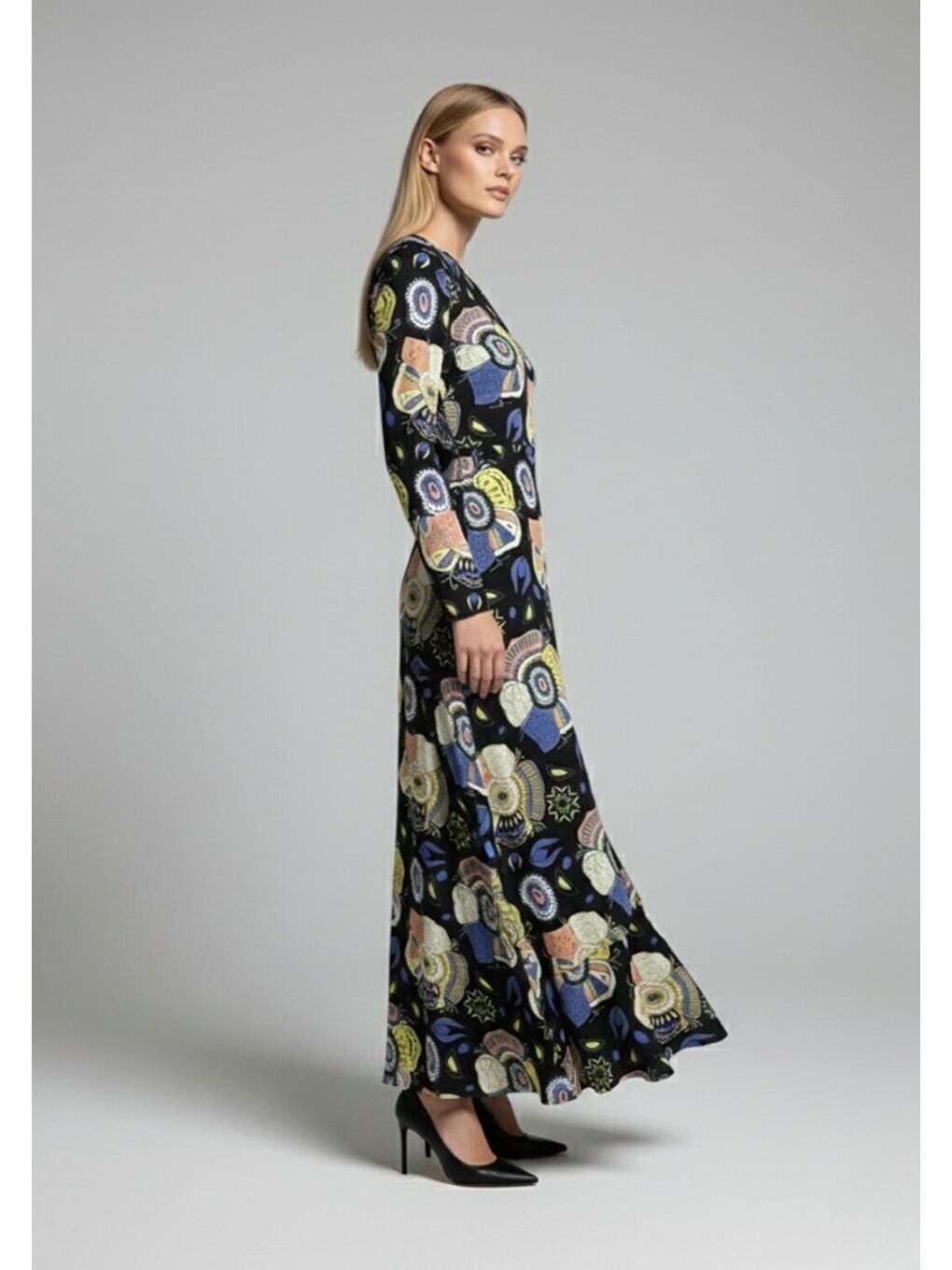 Karışık Özel Desenli Kesikli Renkli Elbise-1