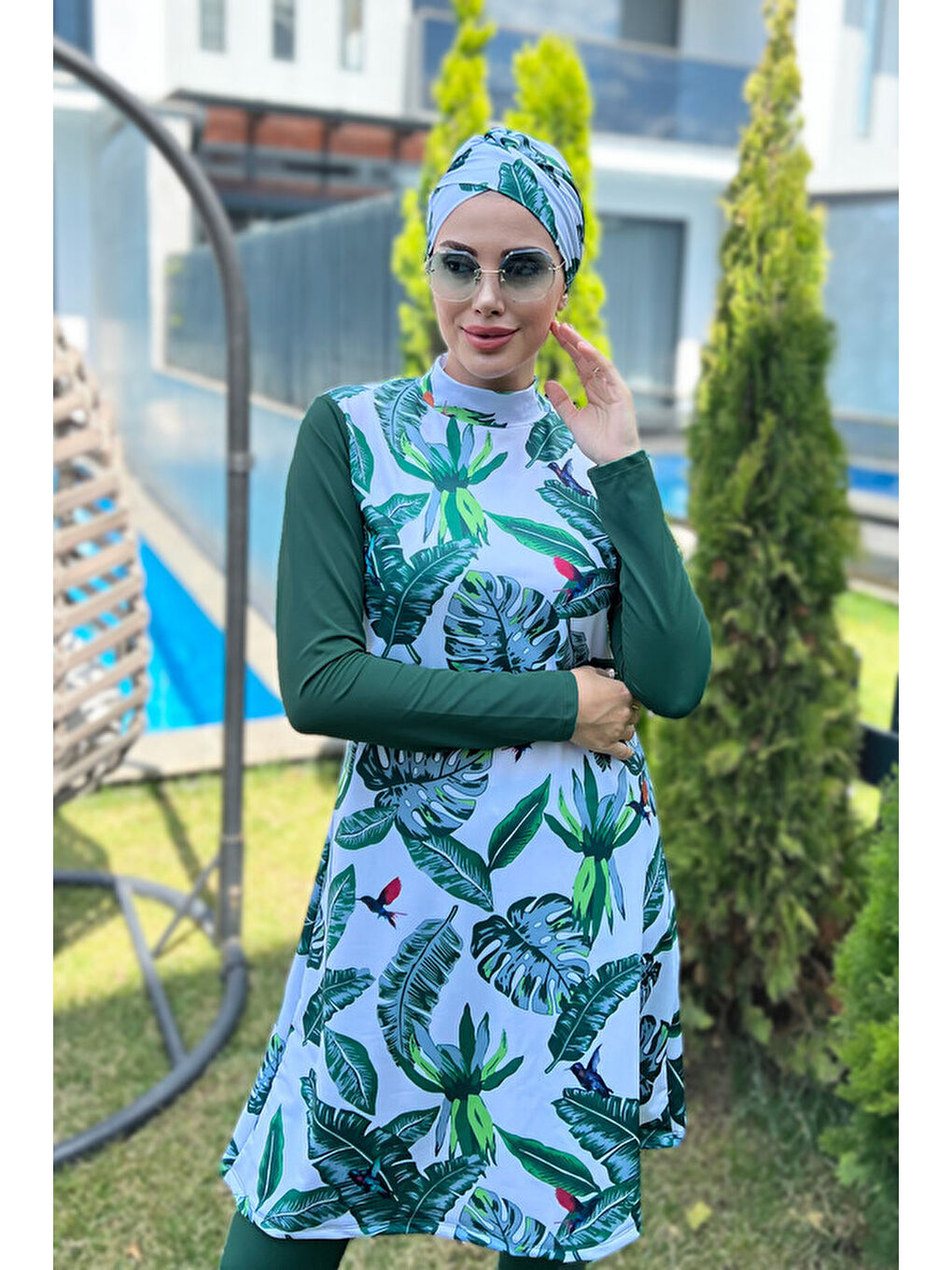 Tasarım Tam Kapalı Tesettür Mayo Yeşil Yapraklar 900-106