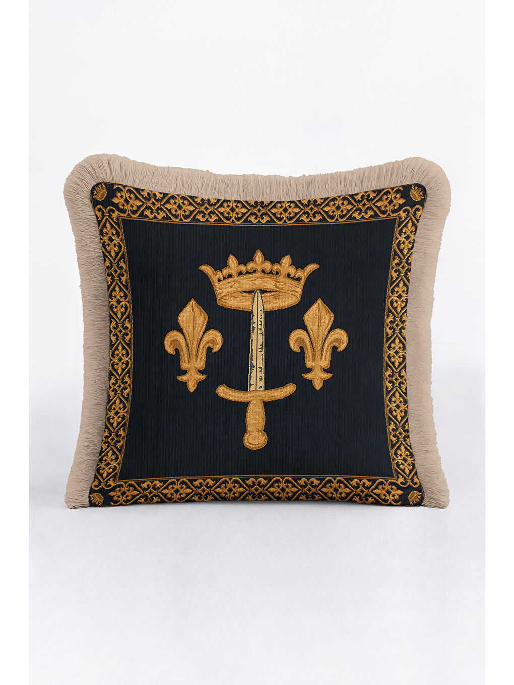 Karışık Saray İhtişamı Saçaklı Yastık Kılıfı - Klas Lüks Temalı Lacivert Altın Renk Püsküllü Kırlent Kılıfı-3