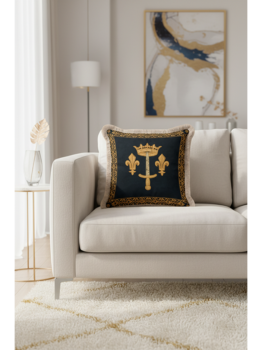 Karışık Saray İhtişamı Saçaklı Yastık Kılıfı - Klas Lüks Temalı Lacivert Altın Renk Püsküllü Kırlent Kılıfı-4