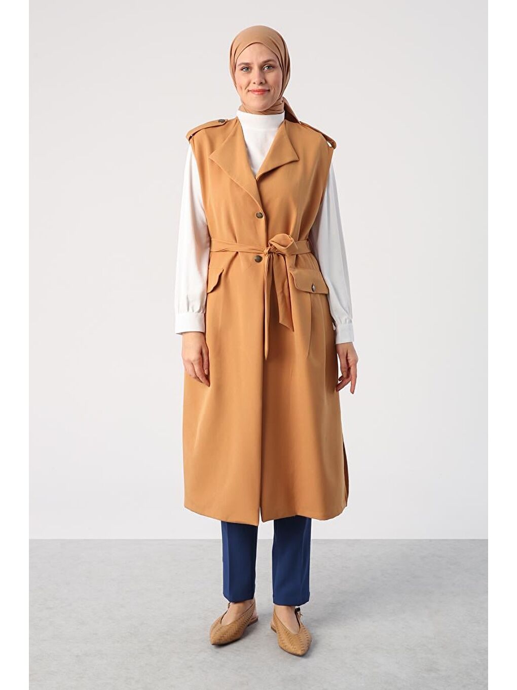 Sarı Hardal Omuzları Apoletli Kuşaklı Cepli Klasik Yelek-1