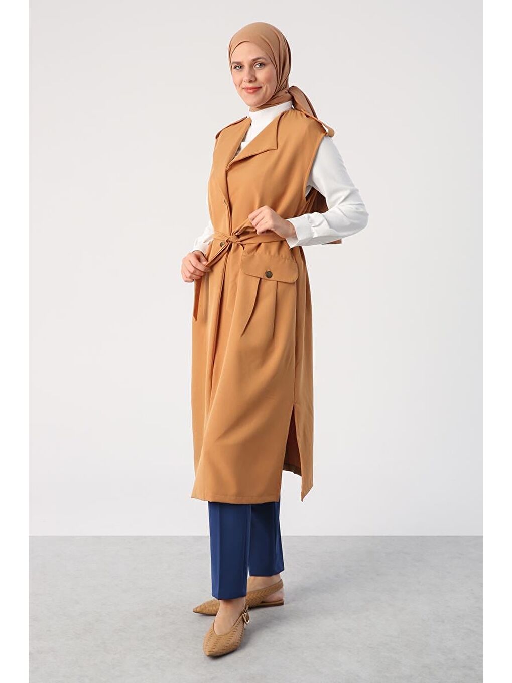 Sarı Hardal Omuzları Apoletli Kuşaklı Cepli Klasik Yelek-2