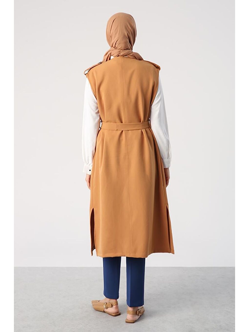 Sarı Hardal Omuzları Apoletli Kuşaklı Cepli Klasik Yelek-3