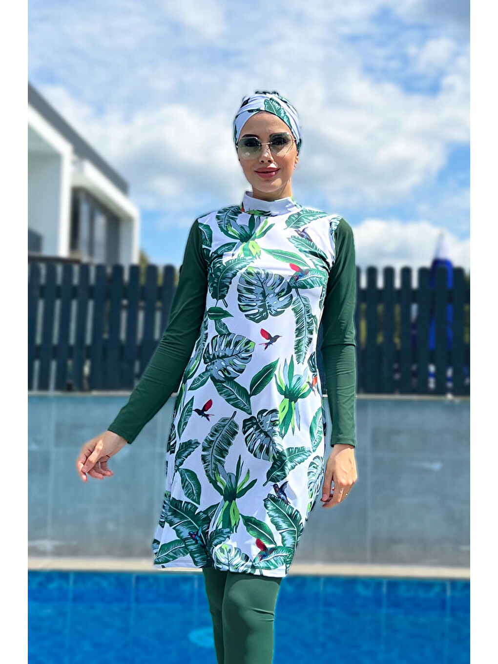 Tasarım Tam Kapalı Tesettür Mayo Yeşil Yapraklar 900-106-2