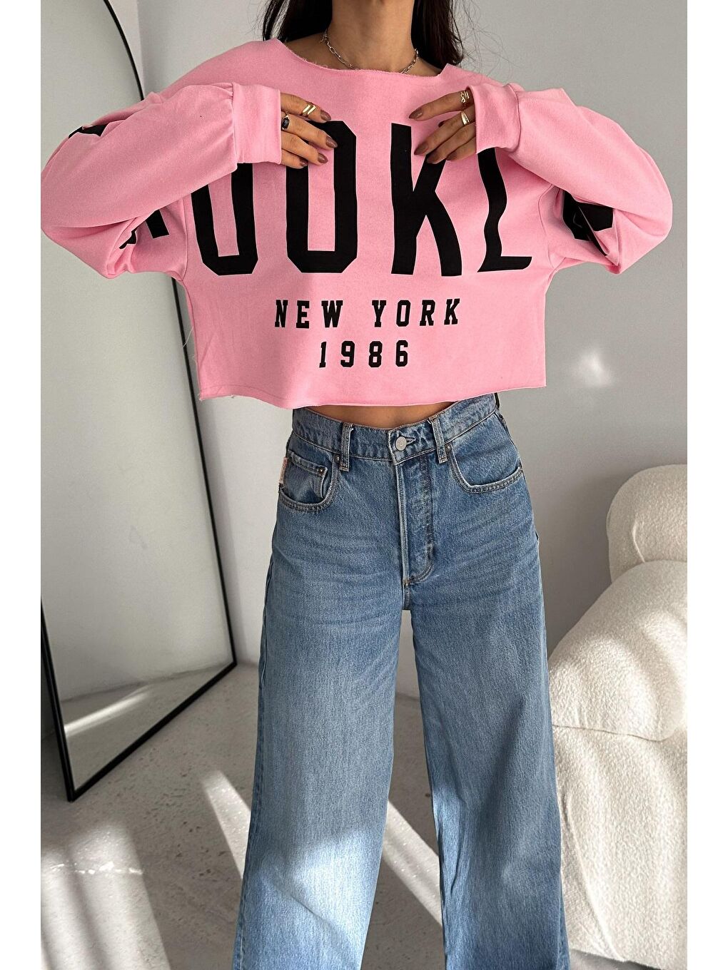 ENİSENA Pembe Kadın Sweatshirt Crop-Geniş Yaka 2 İplik  107KDN - 1