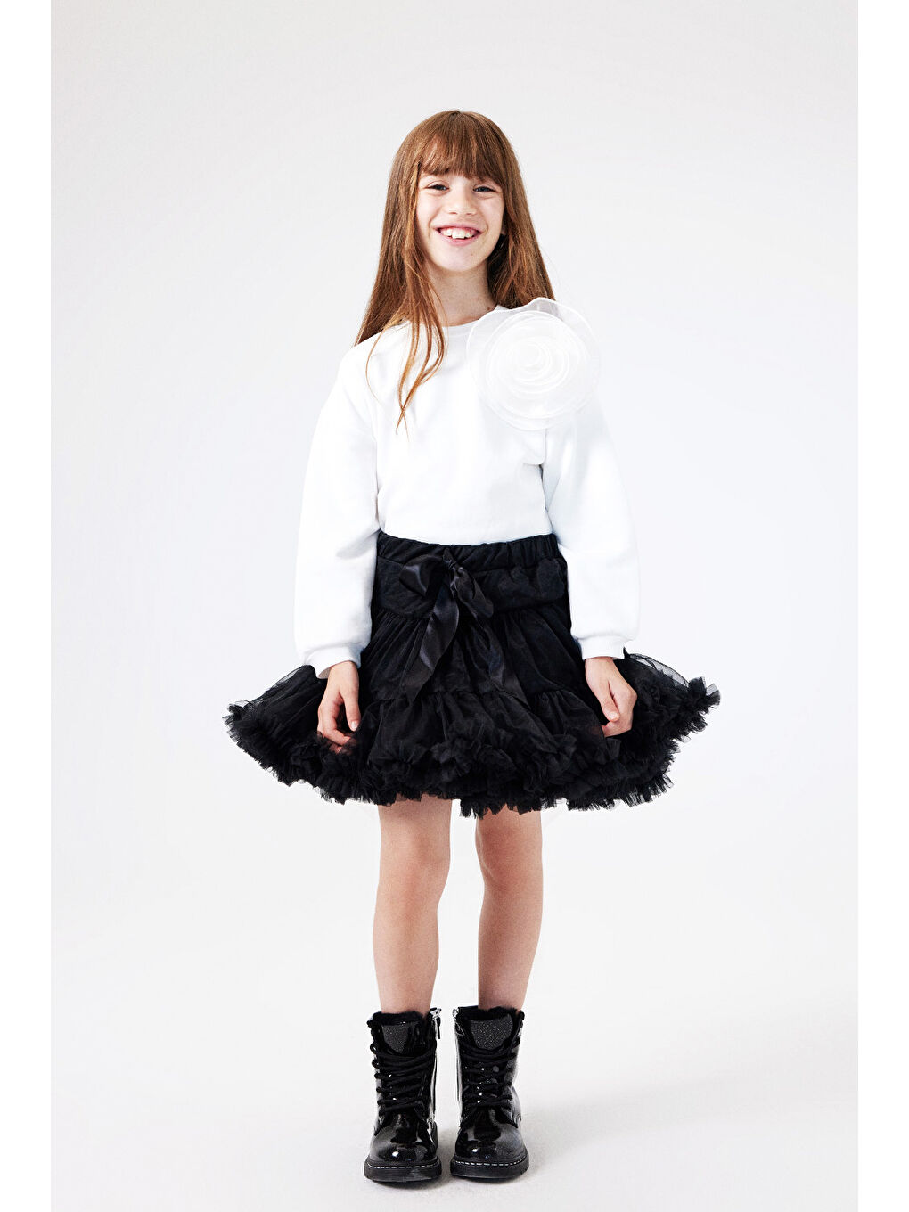 Ekru  Gül Aksesuarlı Kız Çocuk Sweatshirt - Elisa