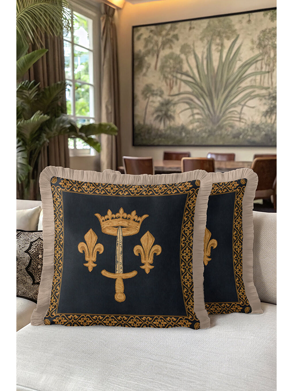 Karışık Saray İhtişamı Saçaklı Yastık Kılıfı - Klas Lüks Temalı Lacivert Altın Renk Püsküllü Kırlent Kılıfı-5
