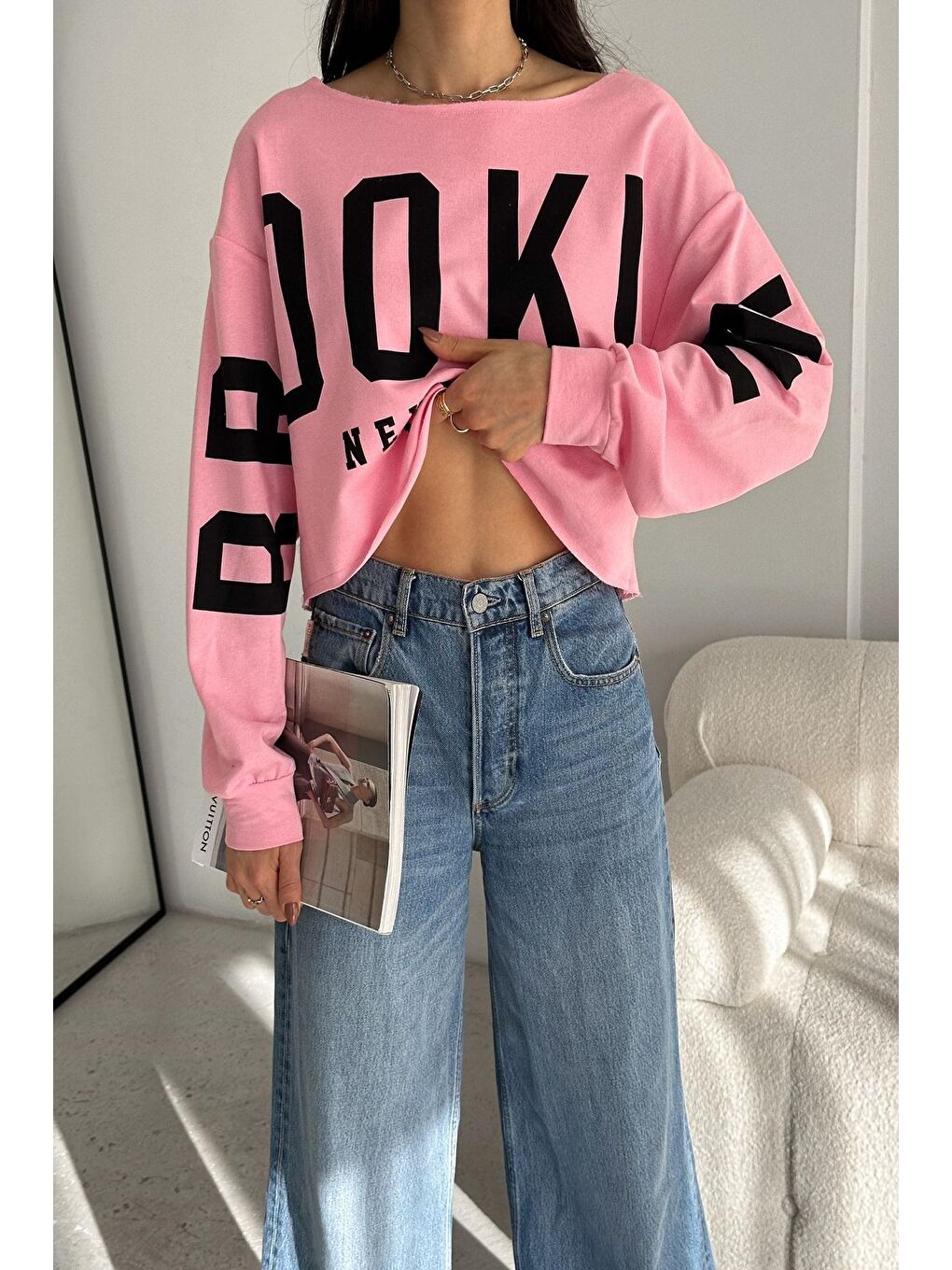 ENİSENA Pembe Kadın Sweatshirt Crop-Geniş Yaka 2 İplik  107KDN - 2