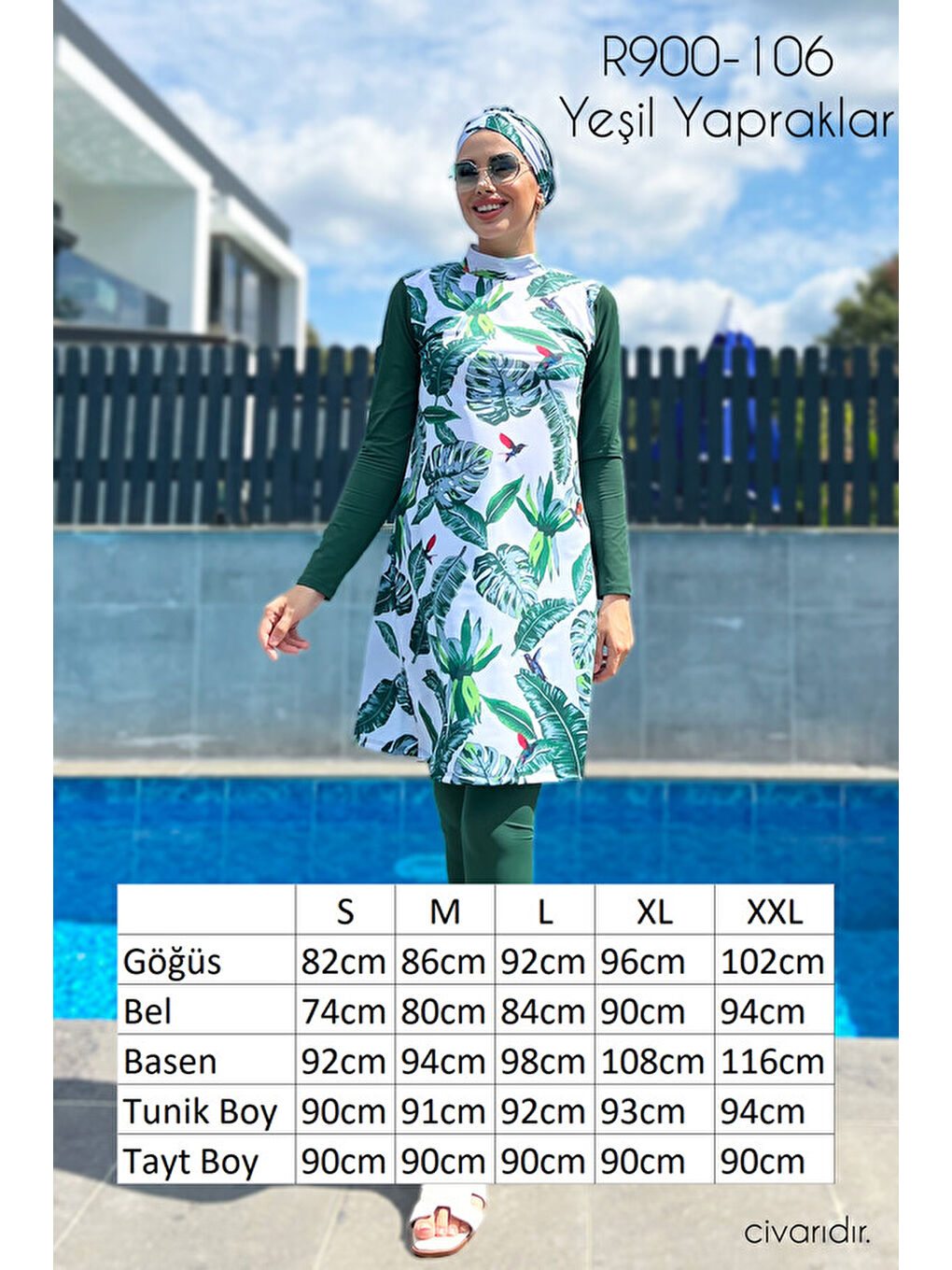 Tasarım Tam Kapalı Tesettür Mayo Yeşil Yapraklar 900-106-4