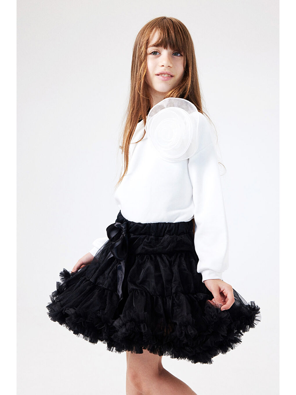 Ekru  Gül Aksesuarlı Kız Çocuk Sweatshirt - Elisa-1