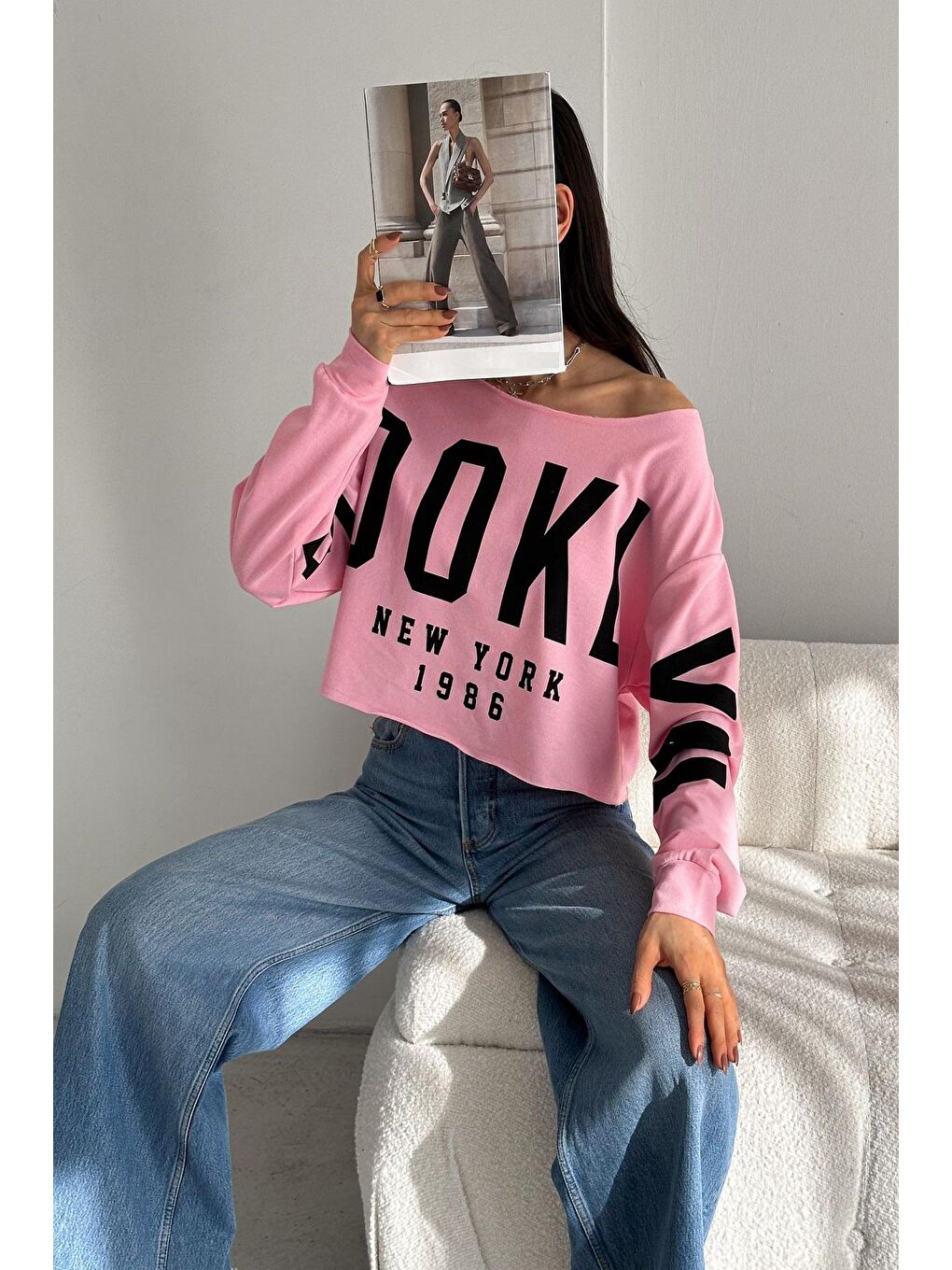 ENİSENA Pembe Kadın Sweatshirt Crop-Geniş Yaka 2 İplik  107KDN - 3