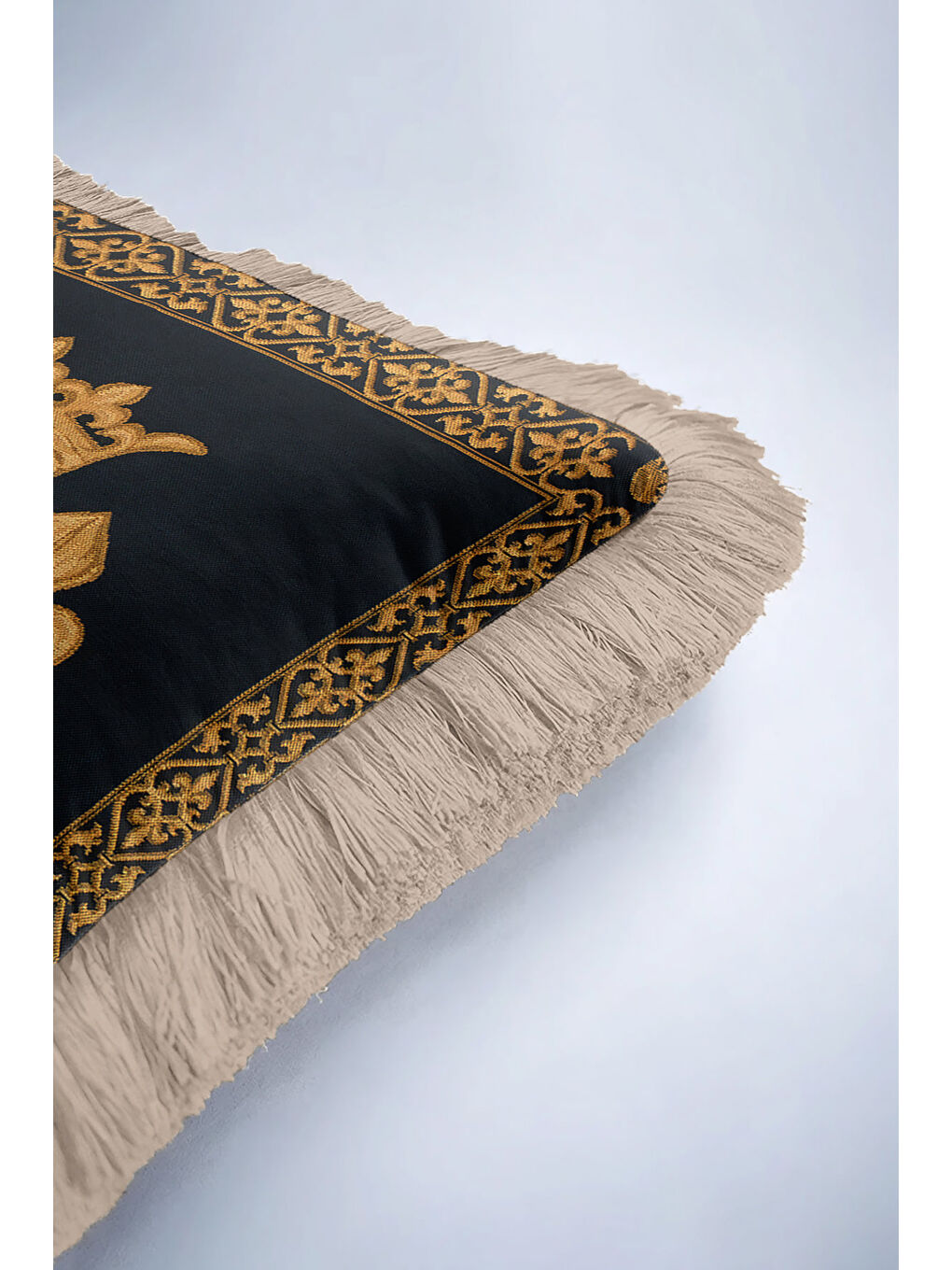 Karışık Saray İhtişamı Saçaklı Yastık Kılıfı - Klas Lüks Temalı Lacivert Altın Renk Püsküllü Kırlent Kılıfı-6