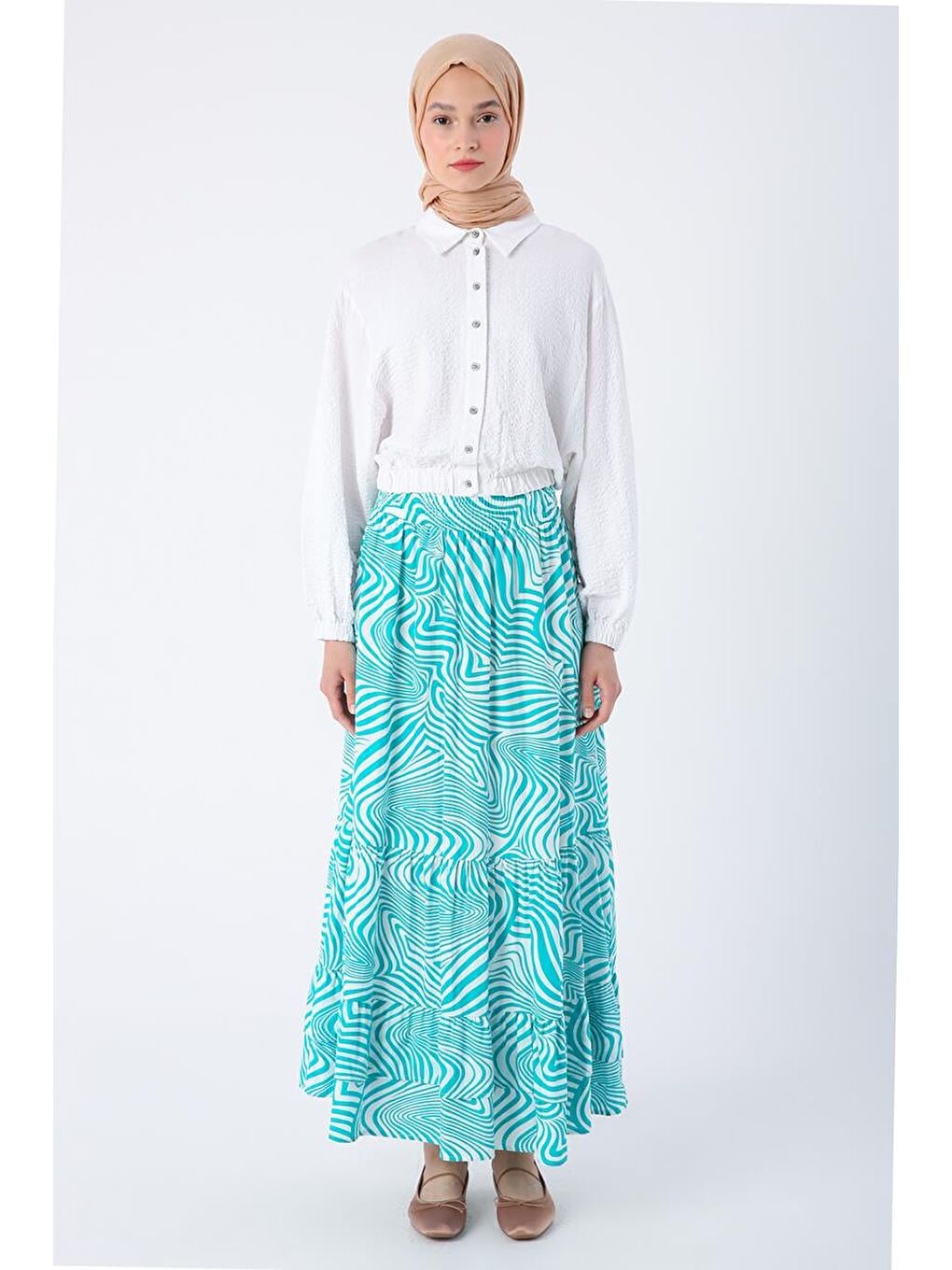 Yeşil-Beyaz %100 Pamuk Desenli Beli Lastikli Fırfır Detaylı Etek-1