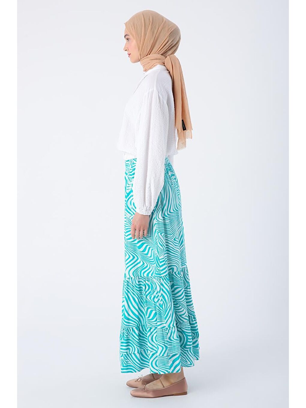 Yeşil-Beyaz %100 Pamuk Desenli Beli Lastikli Fırfır Detaylı Etek-2