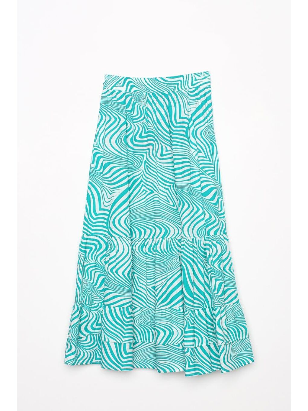 Yeşil-Beyaz %100 Pamuk Desenli Beli Lastikli Fırfır Detaylı Etek-4