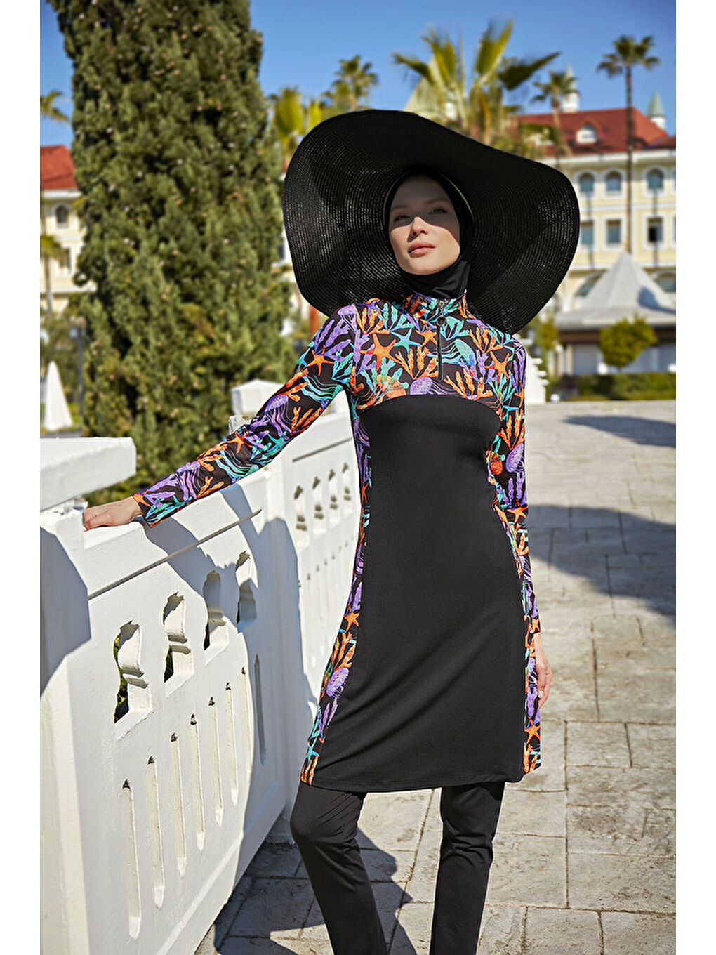 Siyah Fermuarlı Likralı Tam Kapalı Tesettür Mayo R077 Mercan