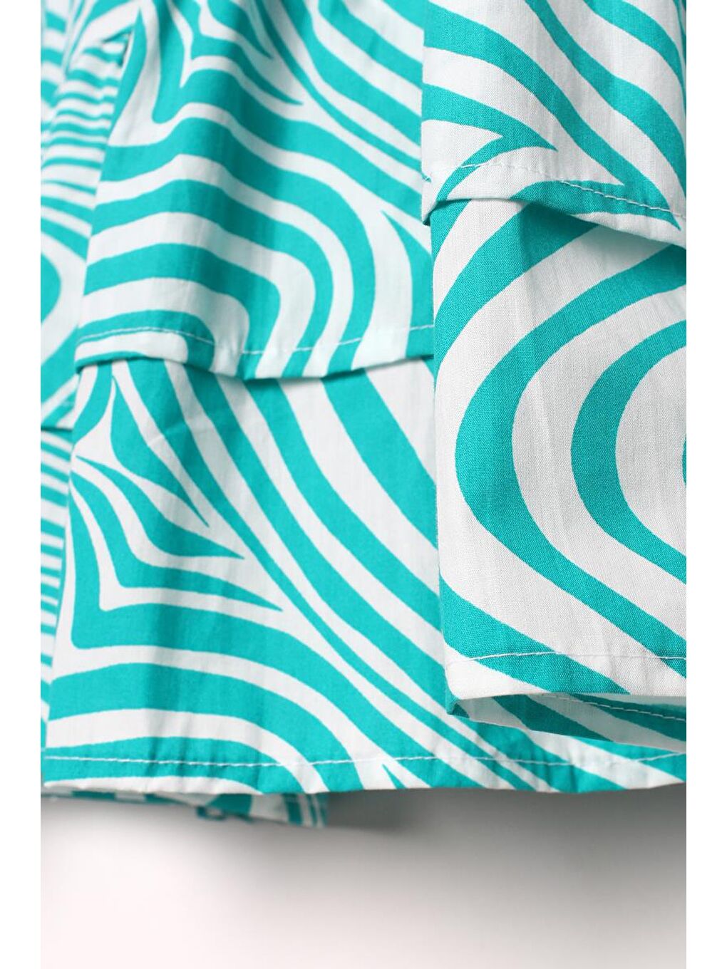 Yeşil-Beyaz %100 Pamuk Desenli Beli Lastikli Fırfır Detaylı Etek-5