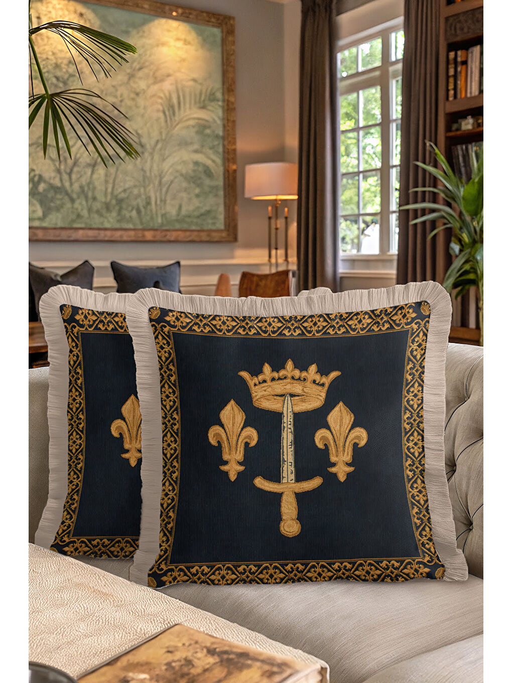 Karışık Saray İhtişamı Saçaklı Yastık Kılıfı - Klas Lüks Temalı Lacivert Altın Renk Püsküllü Kırlent Kılıfı-7
