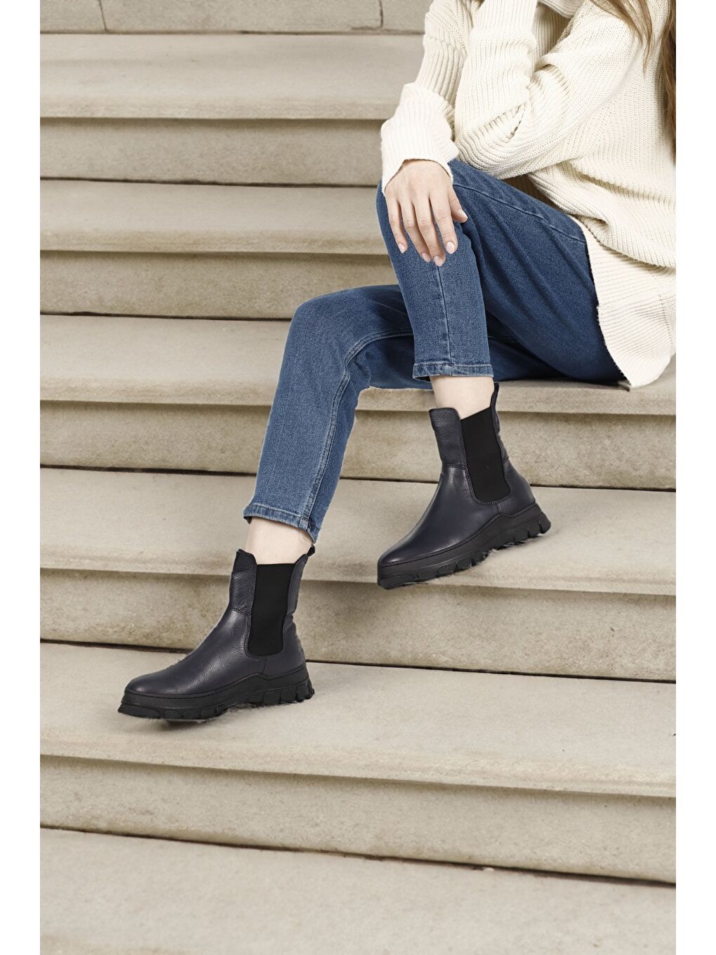 Lacivert Kadın LACİVERT Kauçuk Taban Hakiki Deri Chelsea Bot-1