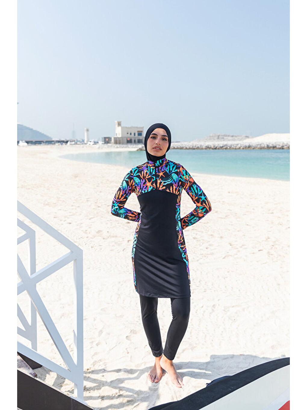 Siyah Fermuarlı Likralı Tam Kapalı Tesettür Mayo R077 Mercan-2