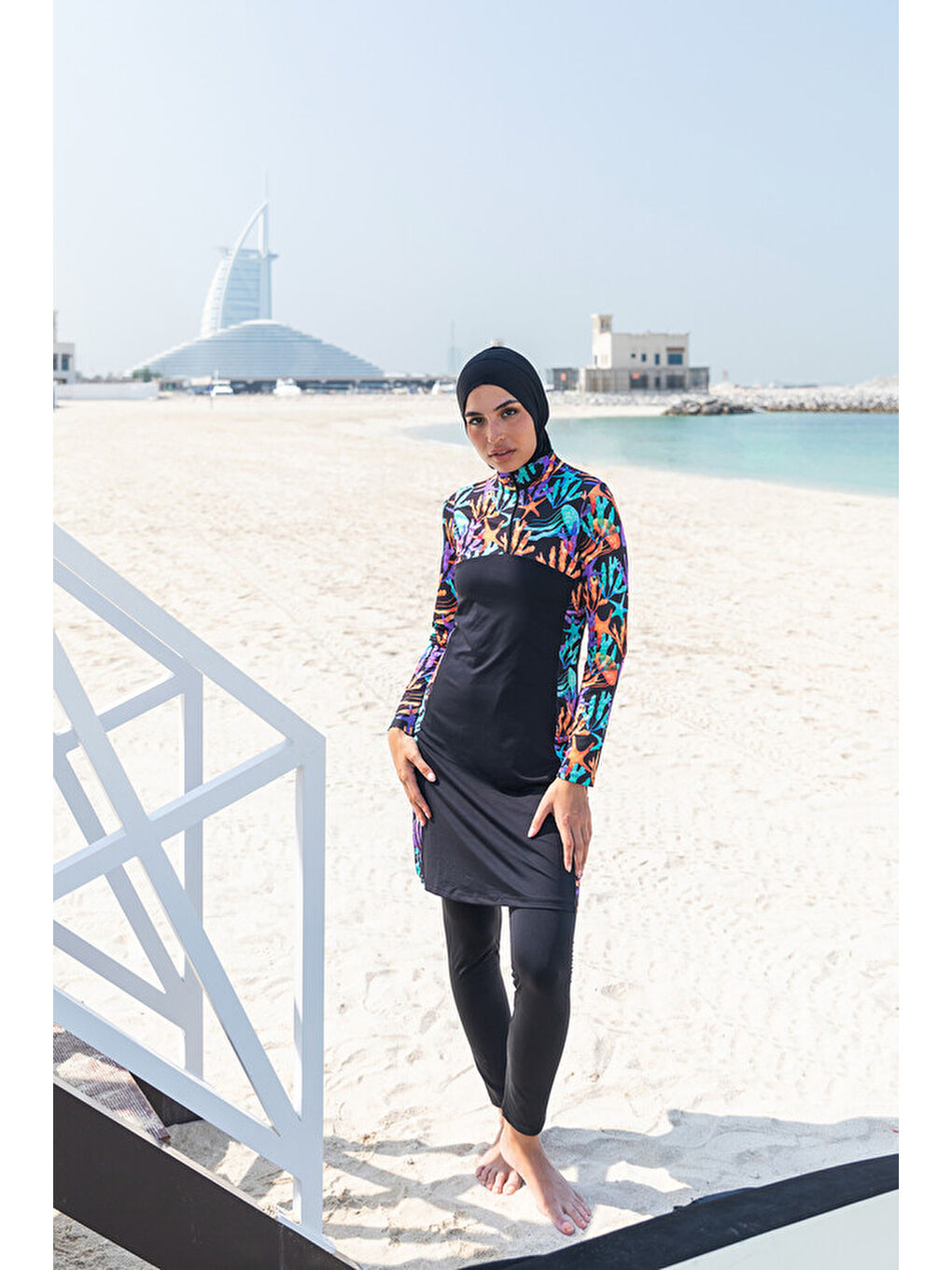 Siyah Fermuarlı Likralı Tam Kapalı Tesettür Mayo R077 Mercan-3