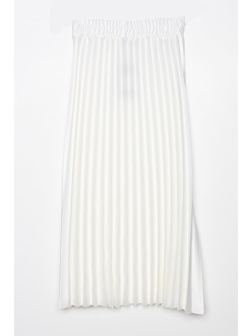 Beyaz Beli Lastikli Piliseli Rahat Kalıp Saten Etek-5