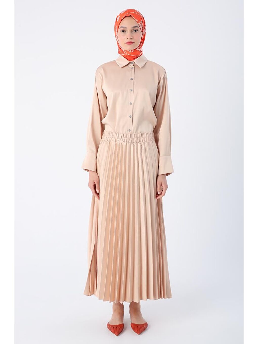 Bej Taş Beli Lastikli Piliseli Rahat Kalıp Saten Etek-1