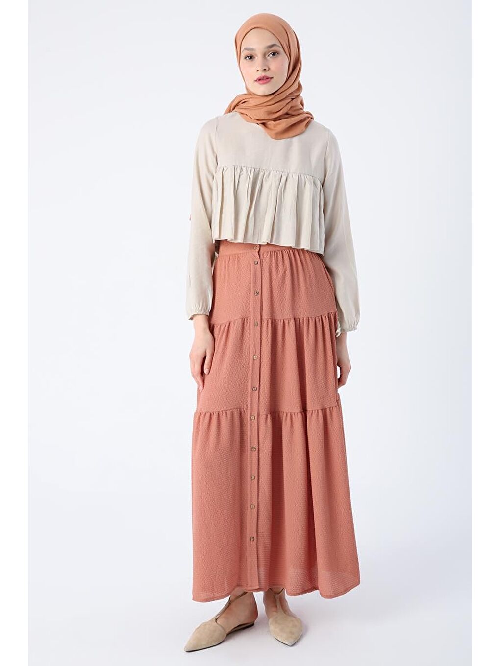 Pembe Somon Düğmeli Beli Lastikli Fırfırlı Bürümcük Etek-1