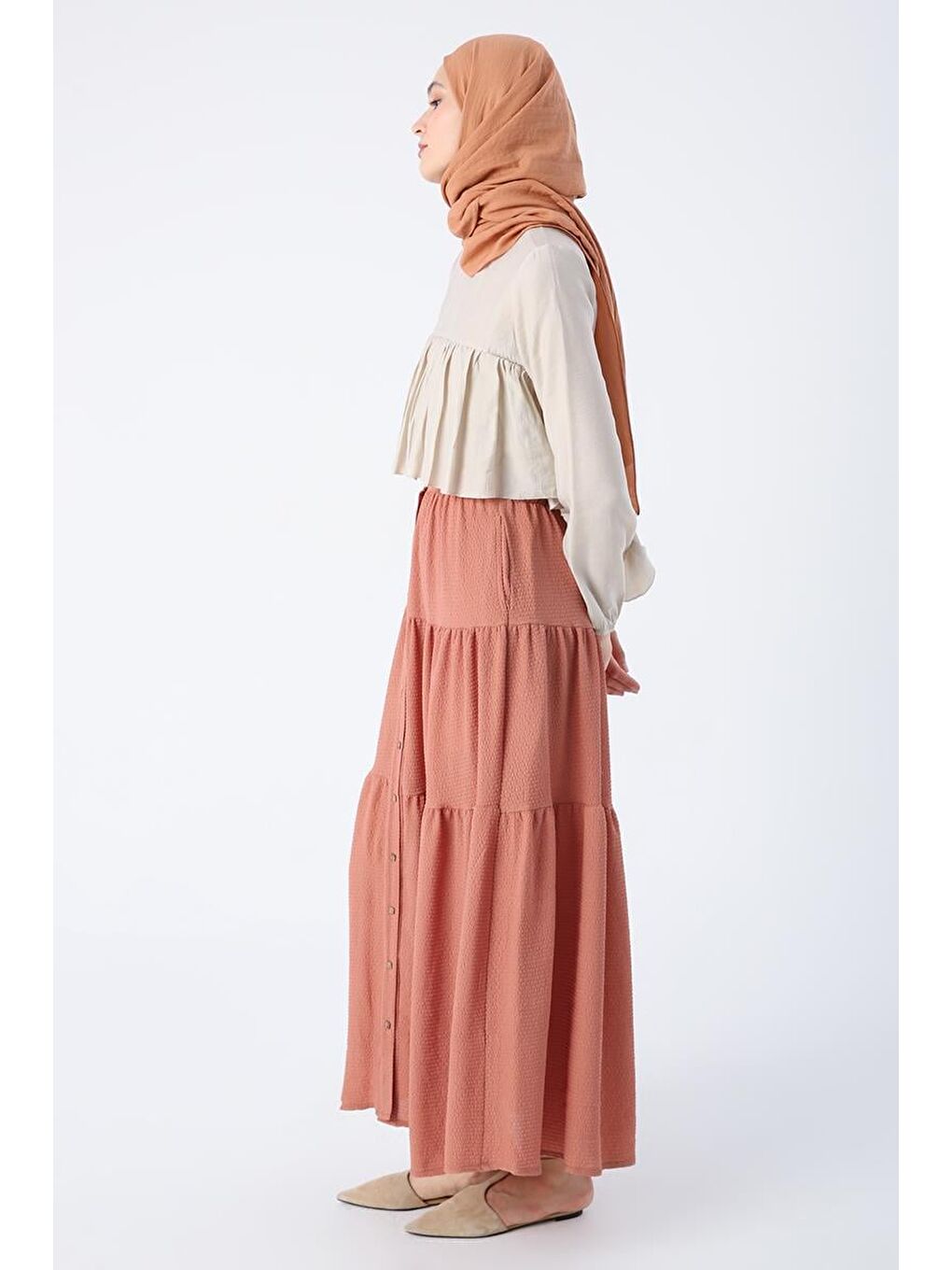 Pembe Somon Düğmeli Beli Lastikli Fırfırlı Bürümcük Etek-2
