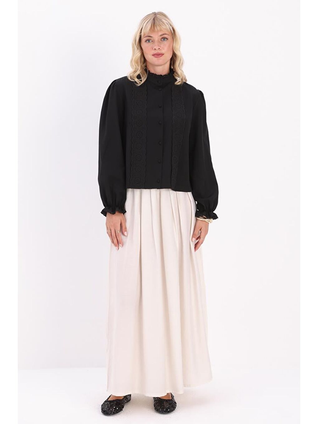 Bej Taş Pileli Kloş Etek-1