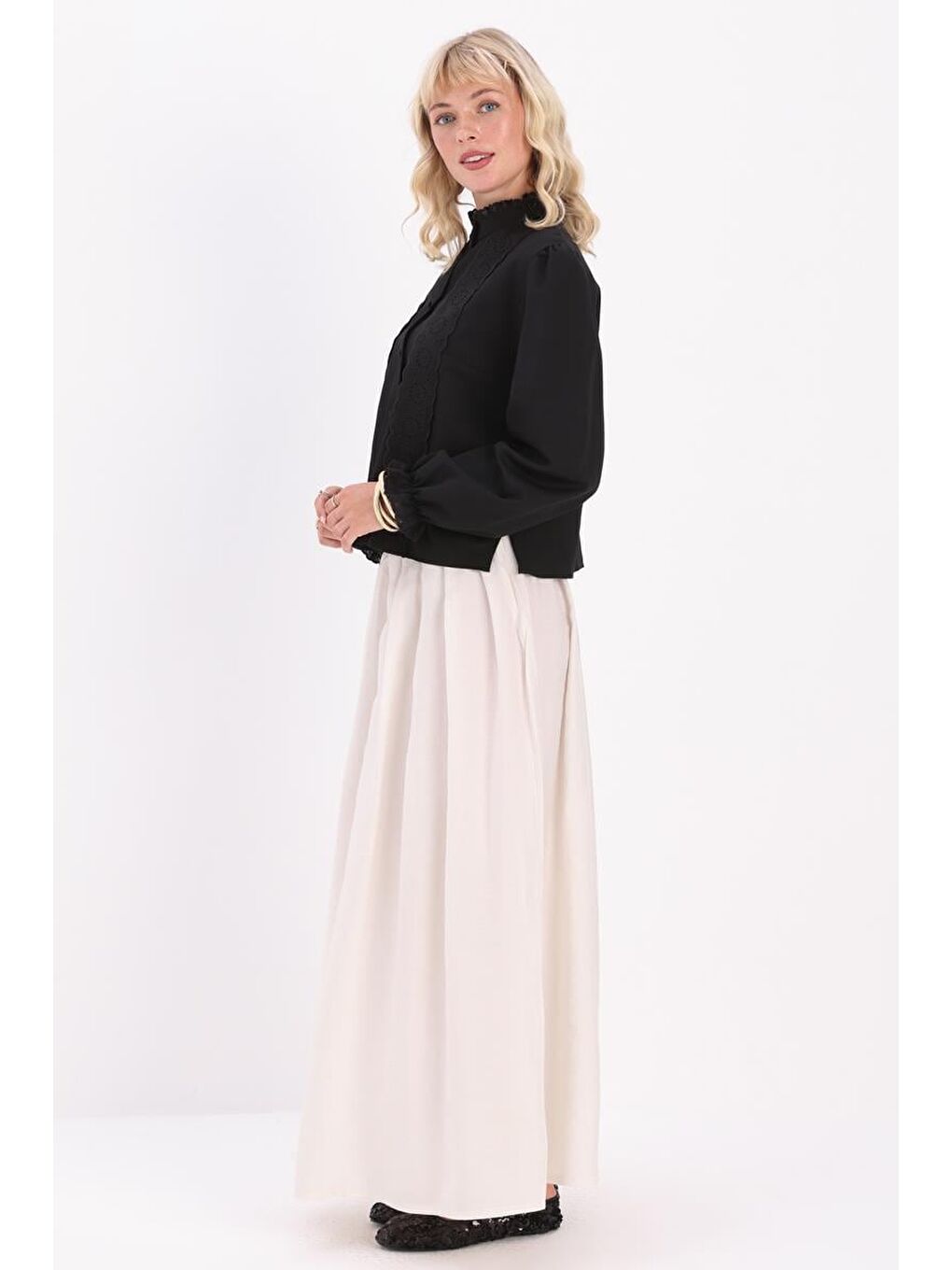 Bej Taş Pileli Kloş Etek-2