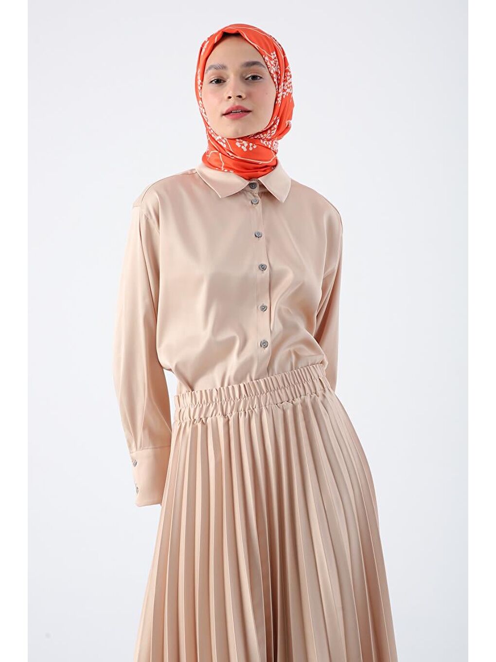 Bej Taş Beli Lastikli Piliseli Rahat Kalıp Saten Etek-6