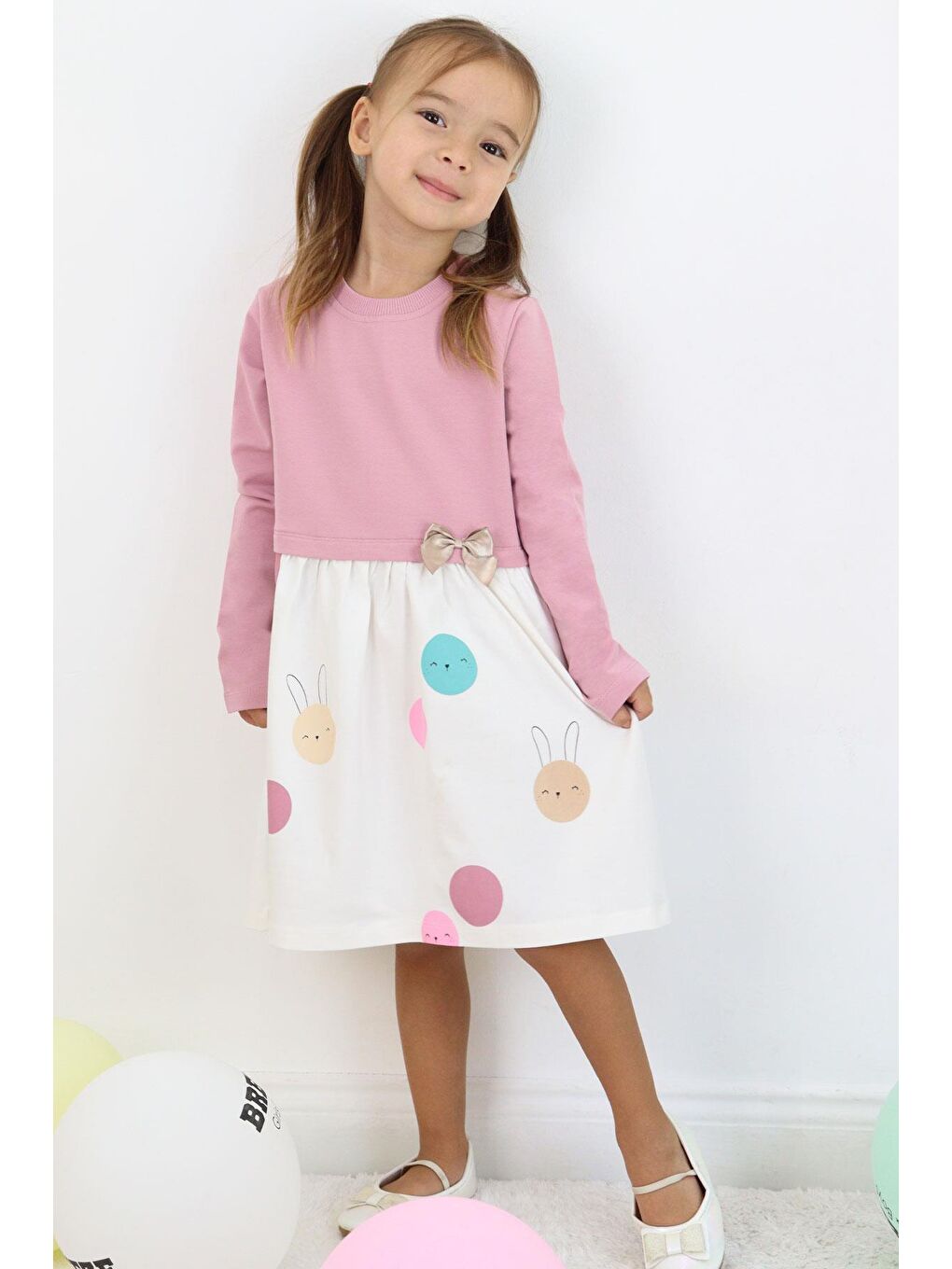 Pembe Kız Çocuk Uzun Kollu Elbise Sevimli Renkli Tavşancık Baskılı Gülkurusu (1.5-5 Yaş)