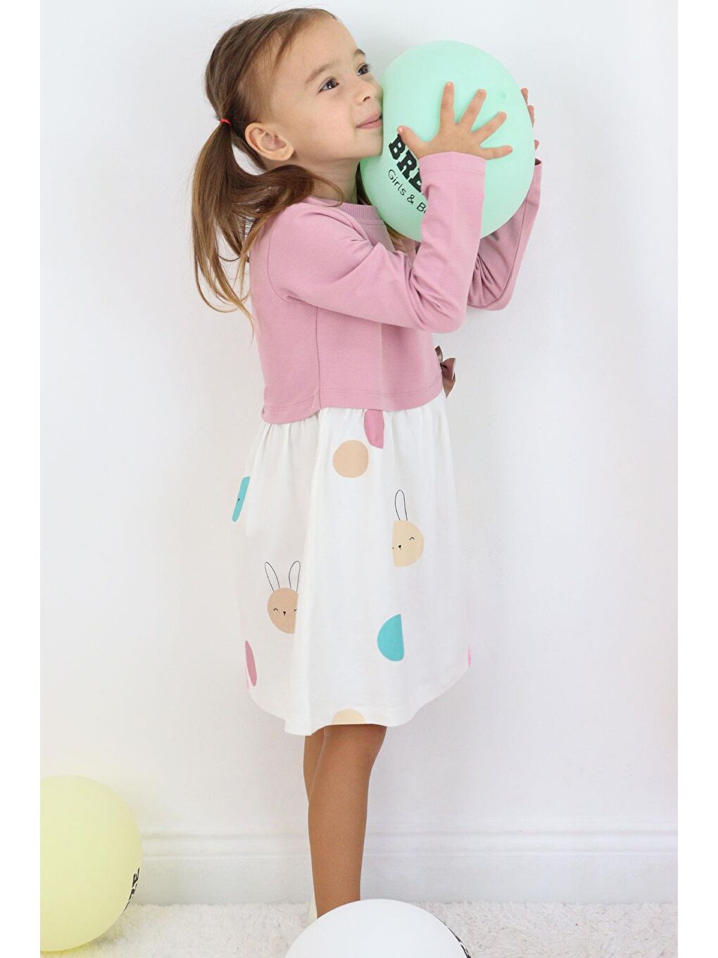 Pembe Kız Çocuk Uzun Kollu Elbise Sevimli Renkli Tavşancık Baskılı Gülkurusu (1.5-5 Yaş)-1