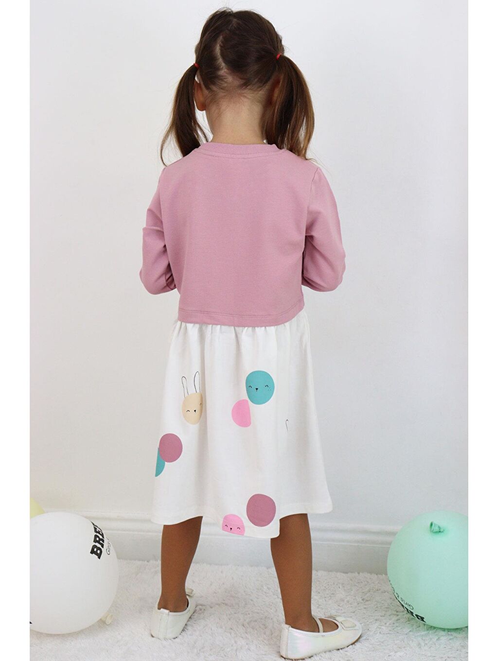 Pembe Kız Çocuk Uzun Kollu Elbise Sevimli Renkli Tavşancık Baskılı Gülkurusu (1.5-5 Yaş)-2