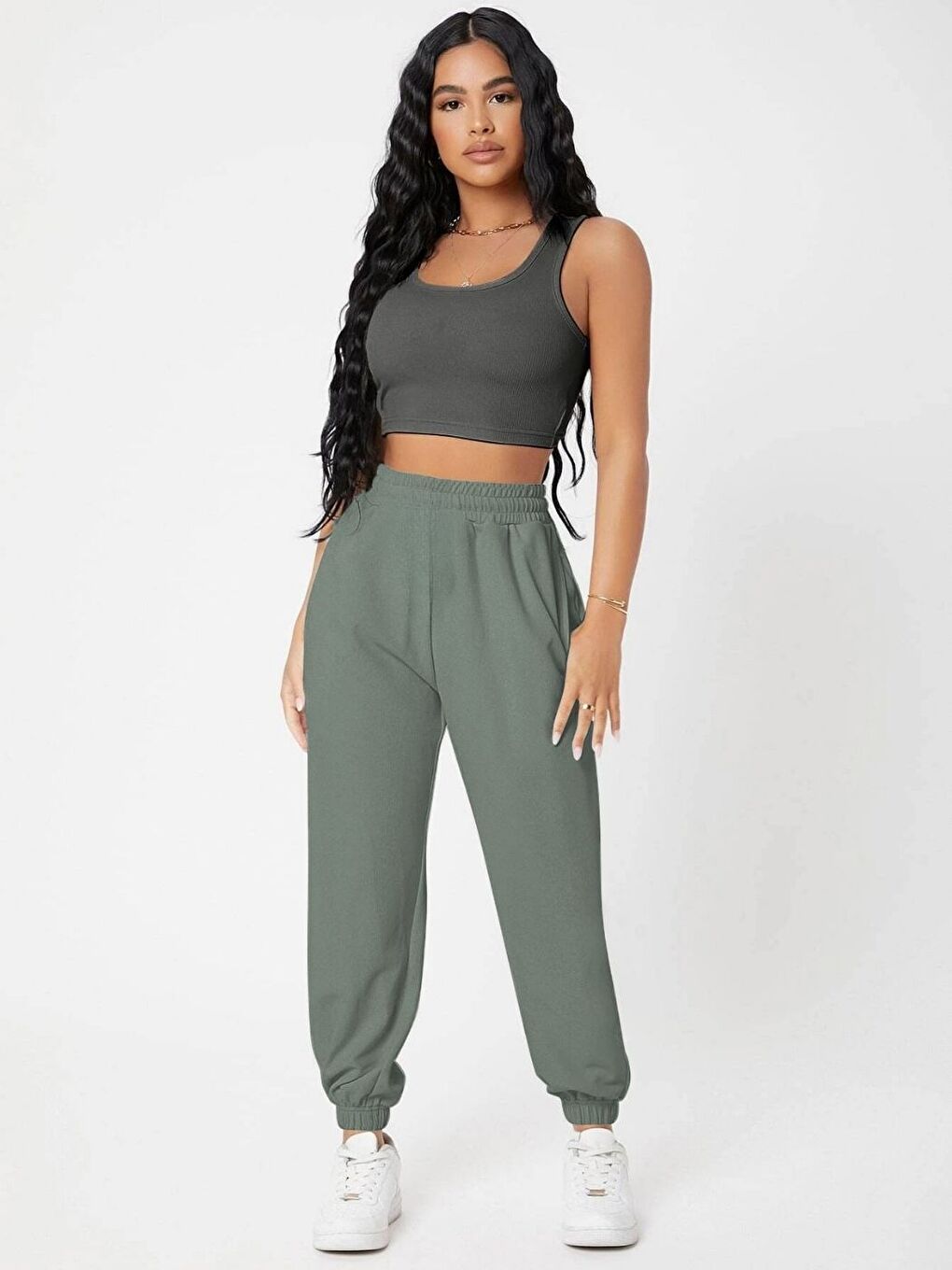 Kadın Duman Yeşili Lastik Paça Eşofman Altı