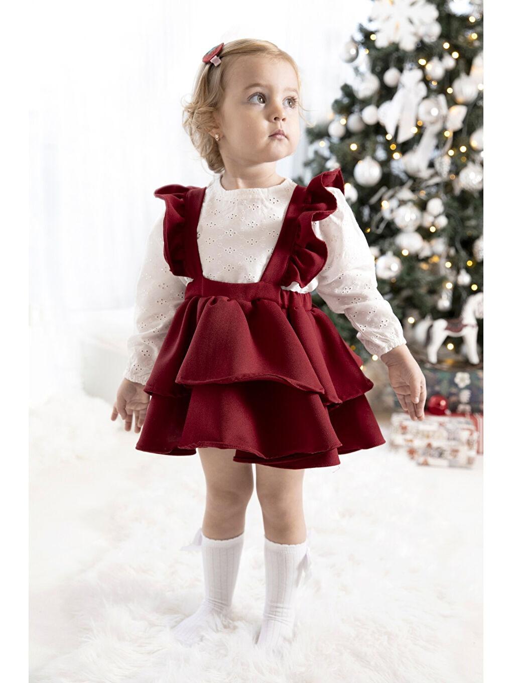 Bordo  Uzun Kollu Askılı Etek Bluz Takım - Nessa-1