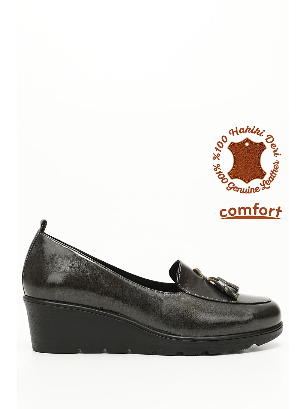 Antrasit Kadın ANTRASİT Dolgu Taban Püsküllü Hakiki Deri Ayakkabı