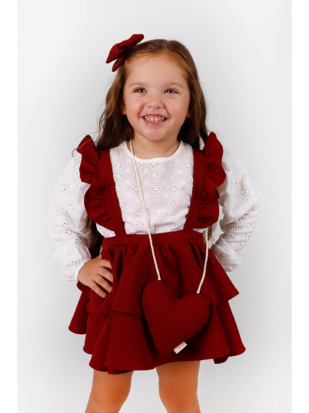 Bordo  Uzun Kollu Askılı Etek Bluz Takım - Nessa-2