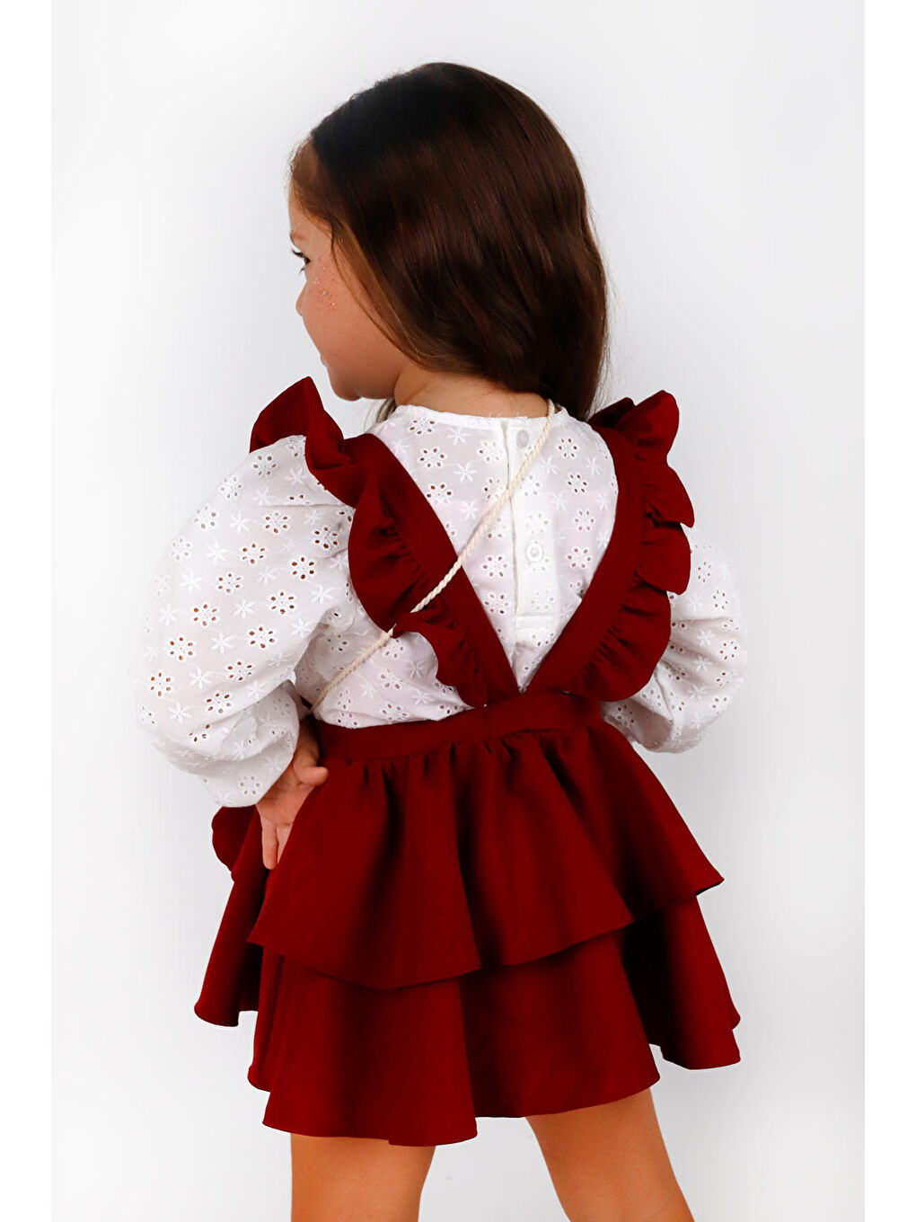 Bordo  Uzun Kollu Askılı Etek Bluz Takım - Nessa-3