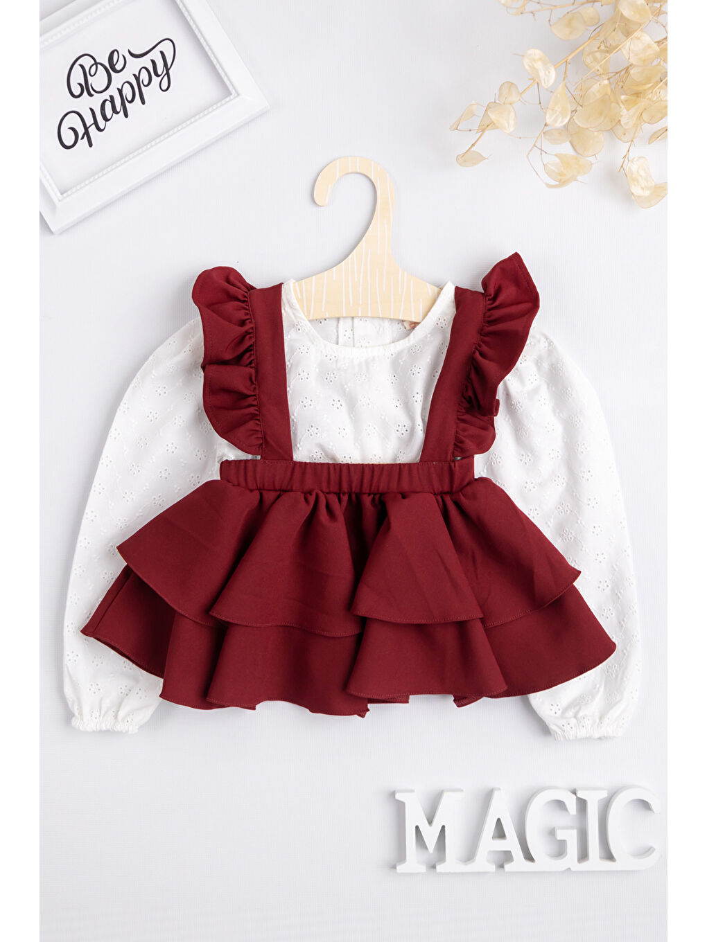 Bordo  Uzun Kollu Askılı Etek Bluz Takım - Nessa-4