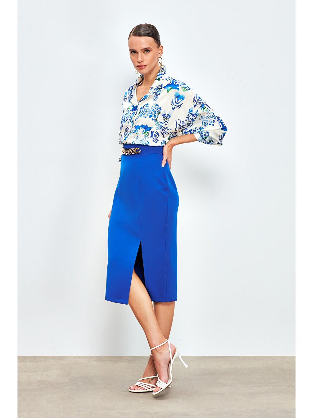 Ön Zincir Detaylı Etek - Sax Mavi-1