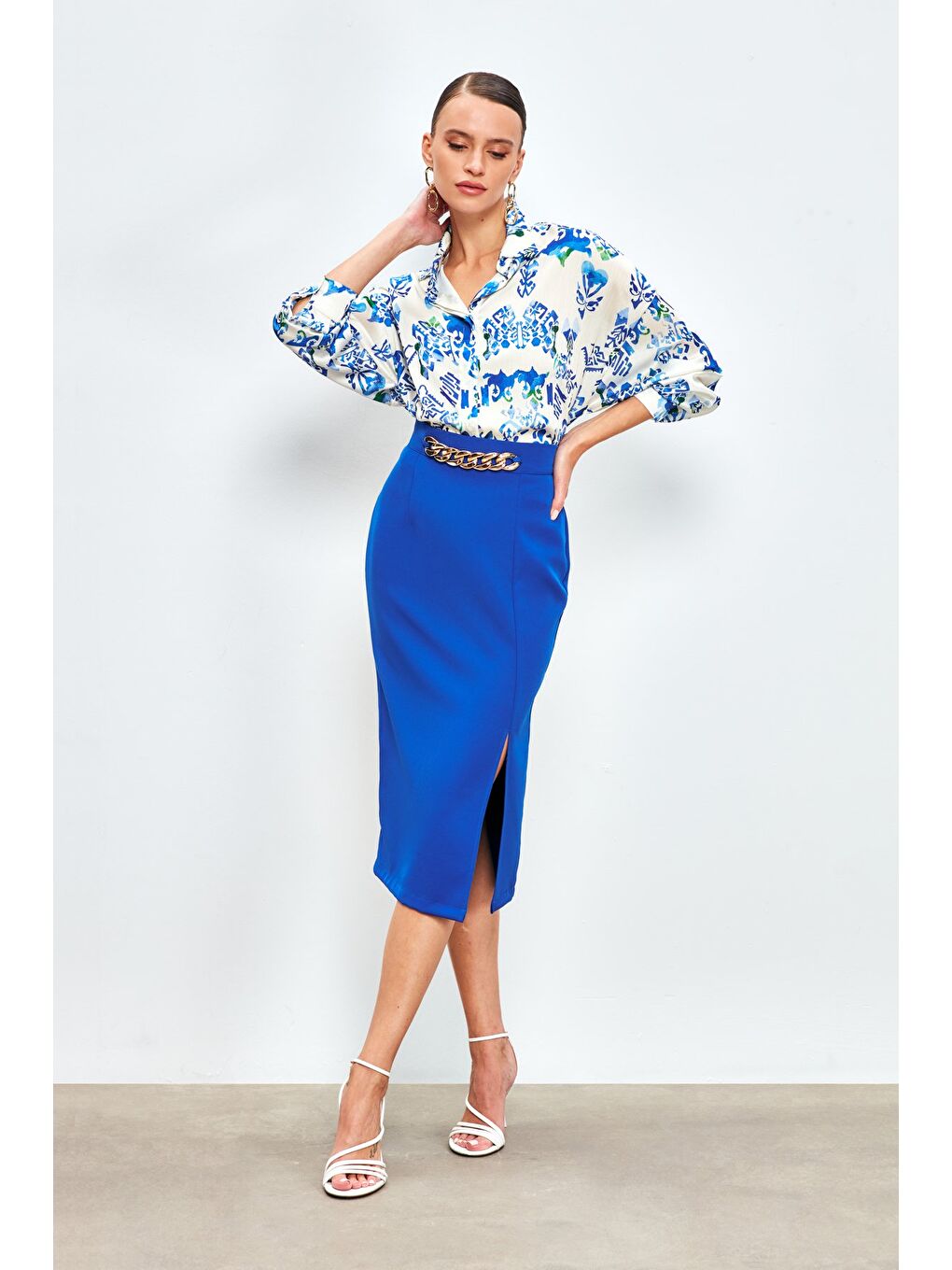 Ön Zincir Detaylı Etek - Sax Mavi-2