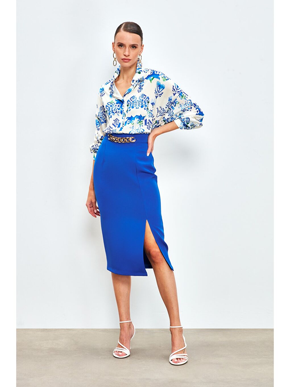 Ön Zincir Detaylı Etek - Sax Mavi-3