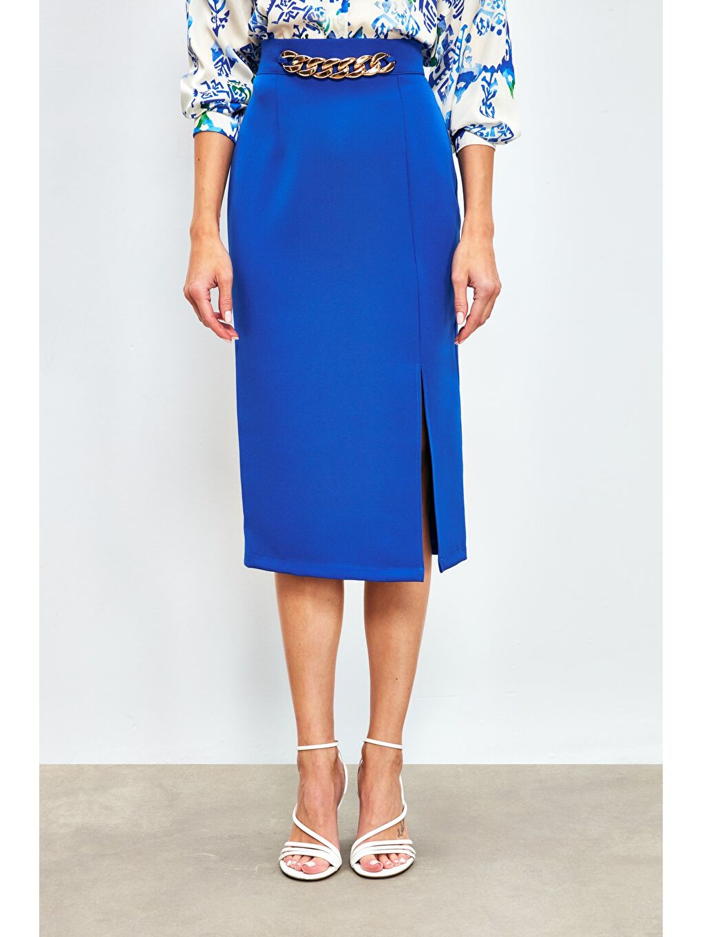 Ön Zincir Detaylı Etek - Sax Mavi-4