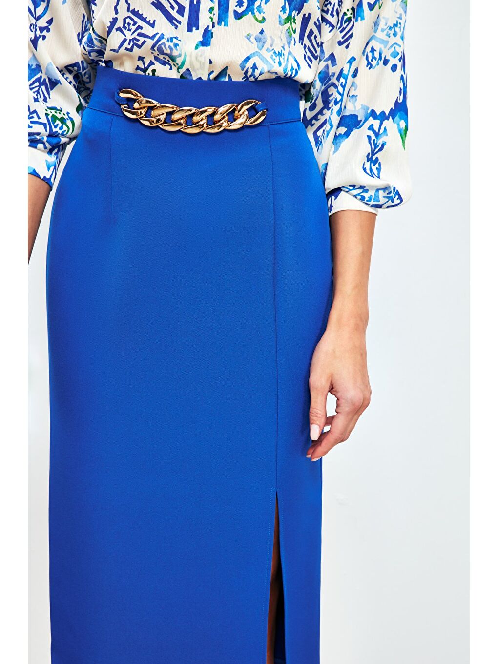 Ön Zincir Detaylı Etek - Sax Mavi-5