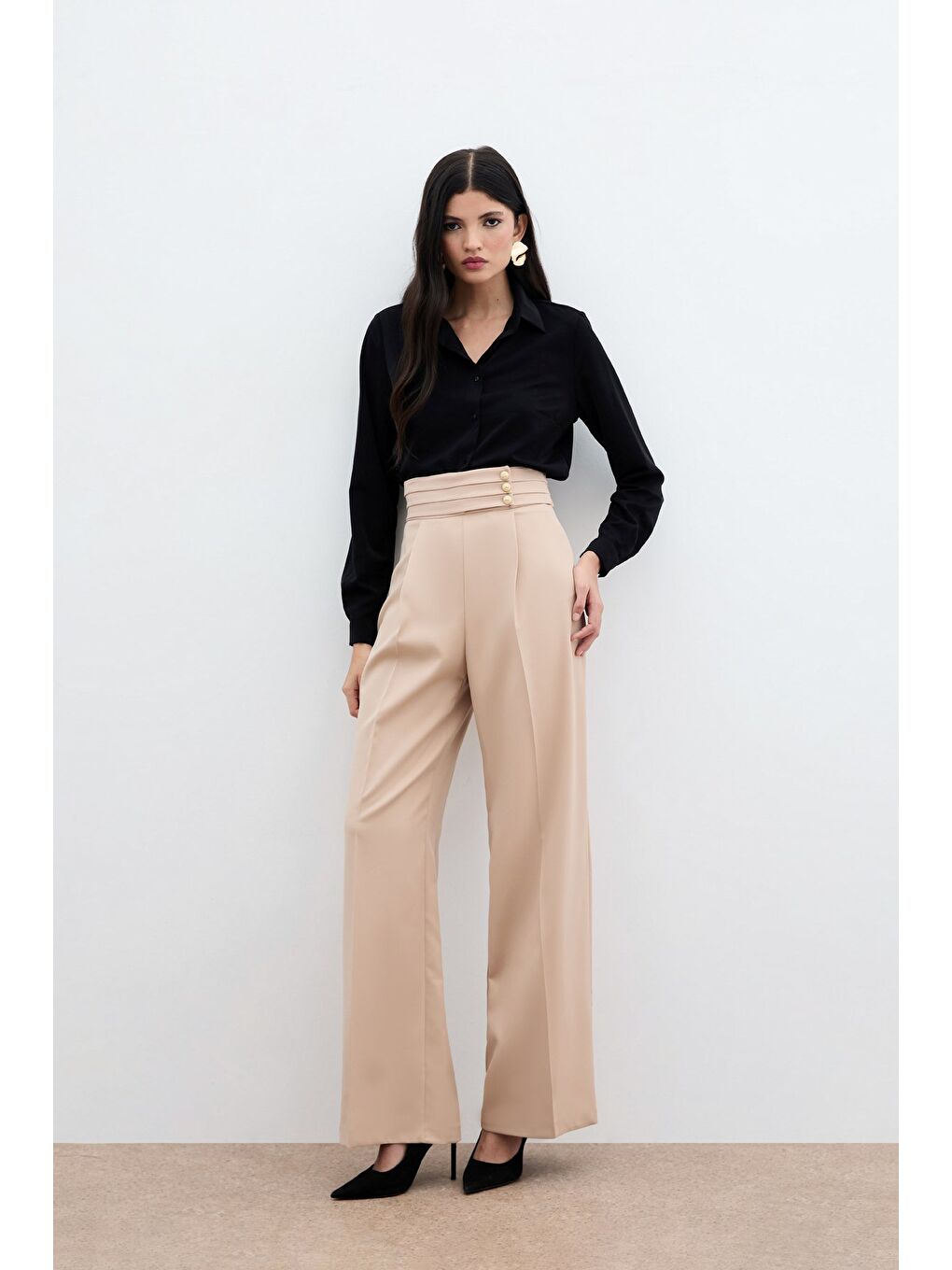 Bel Detaylı Pantolon - Bej-1