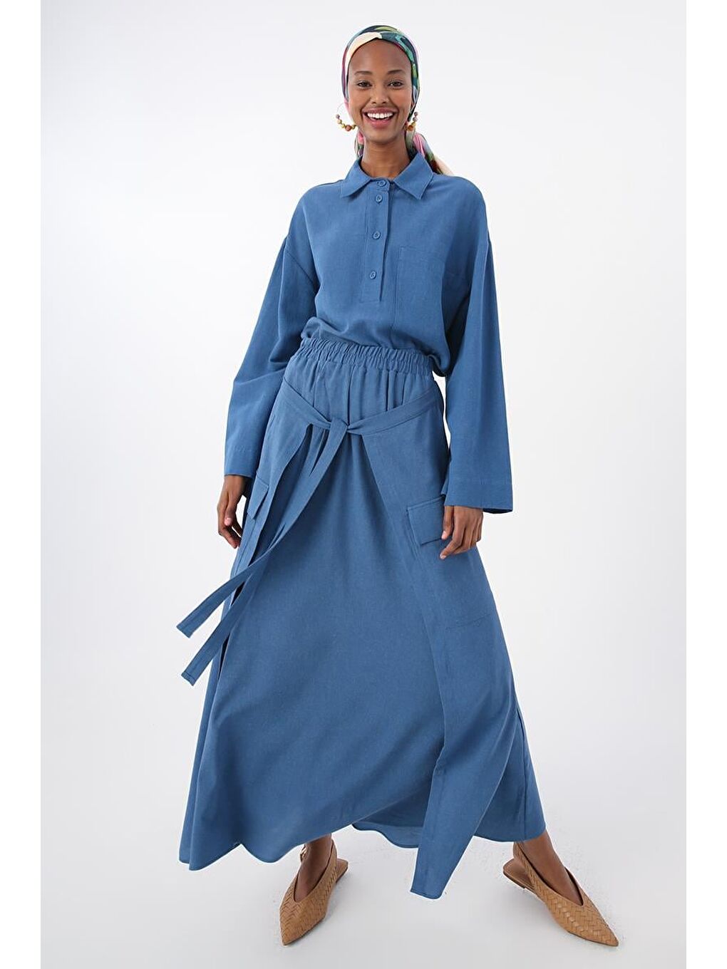 İndigo Beli Lastikli Bağlama Detaylı Pamuklu Etek